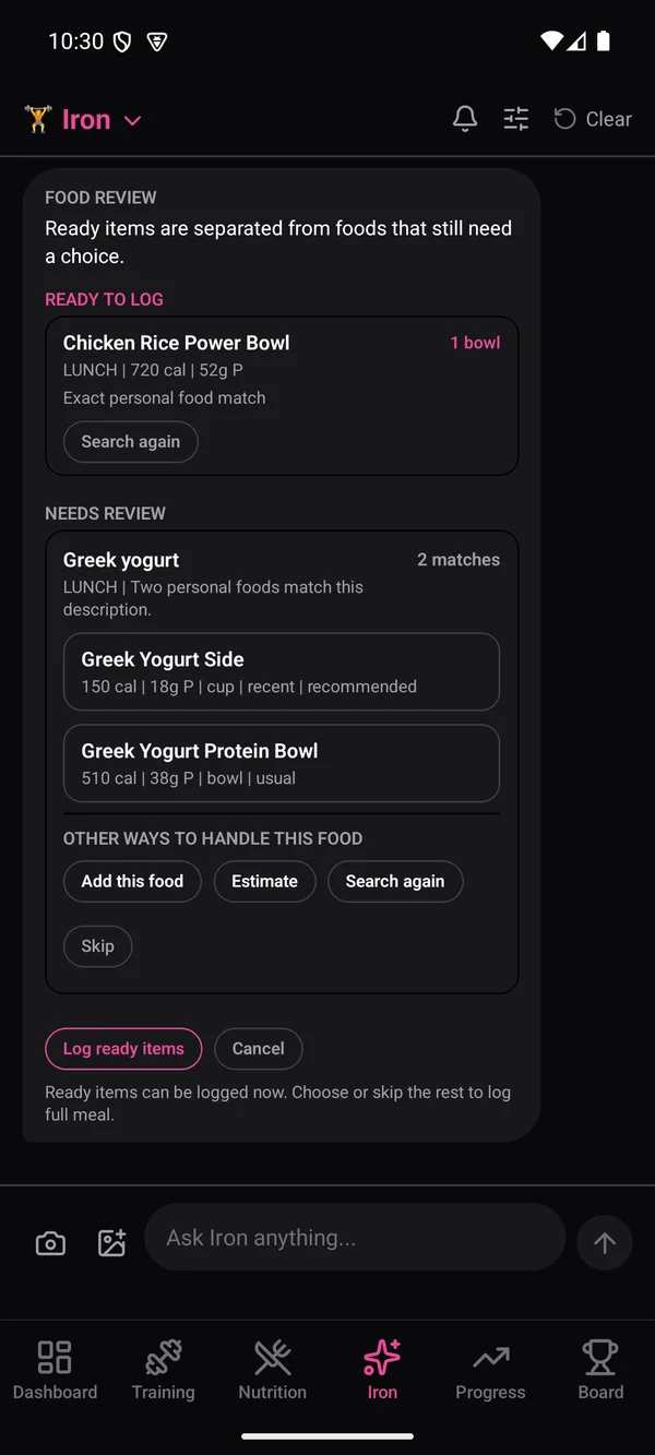 Cipher’s example food review, with a matched food and an option to confirm or adjust the portion.